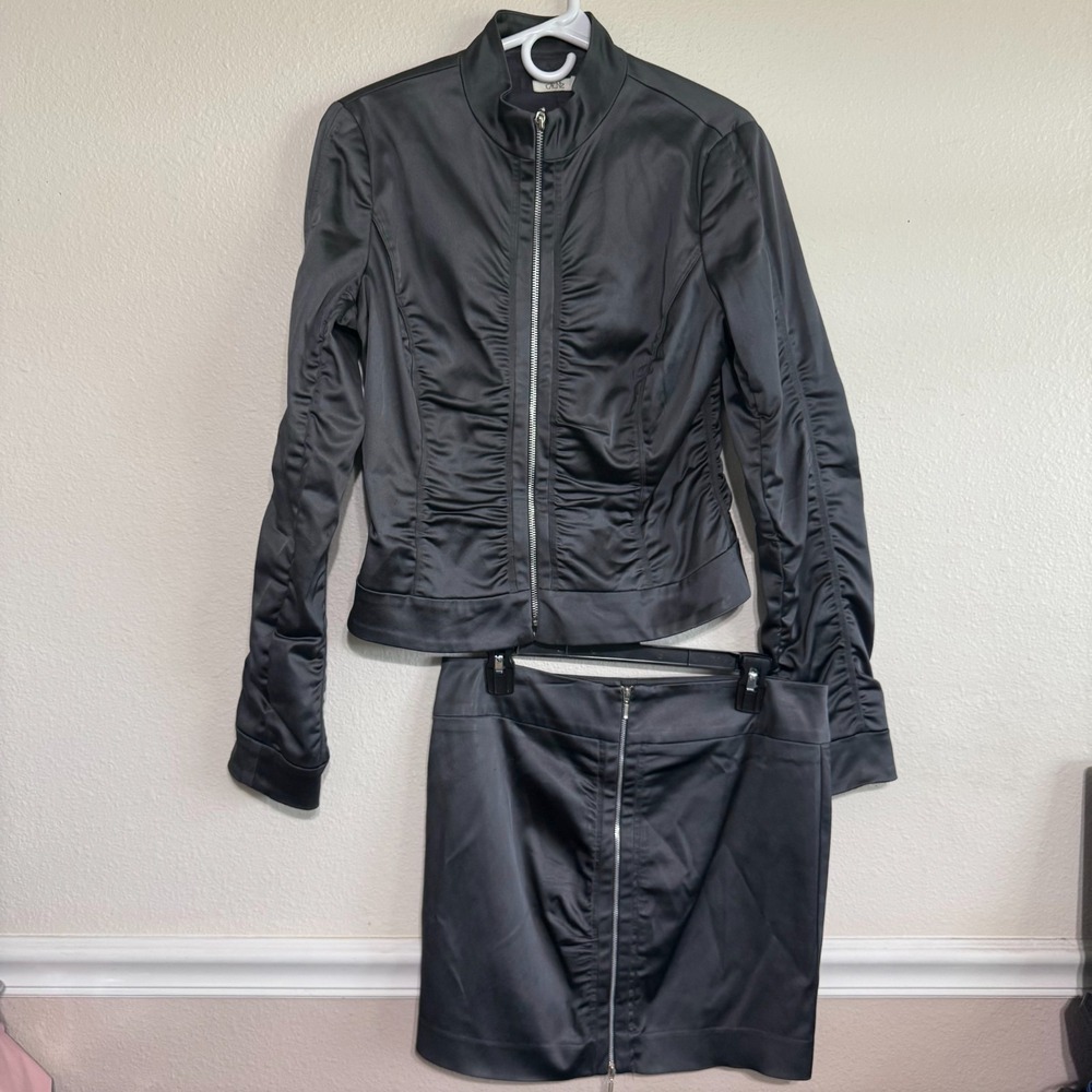 Cache Women's Gray Silver Ruched Slim Fit Zipper Jacket & Mini Skirt Set Medium